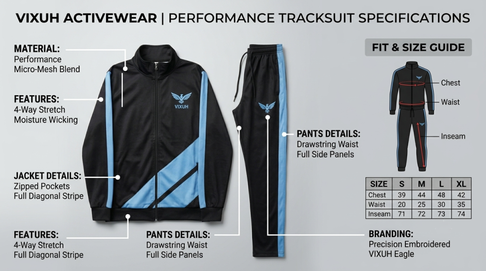 VIXUH Men’s Performance Tracksuit – Black & Light Blue Tech-Mesh Set