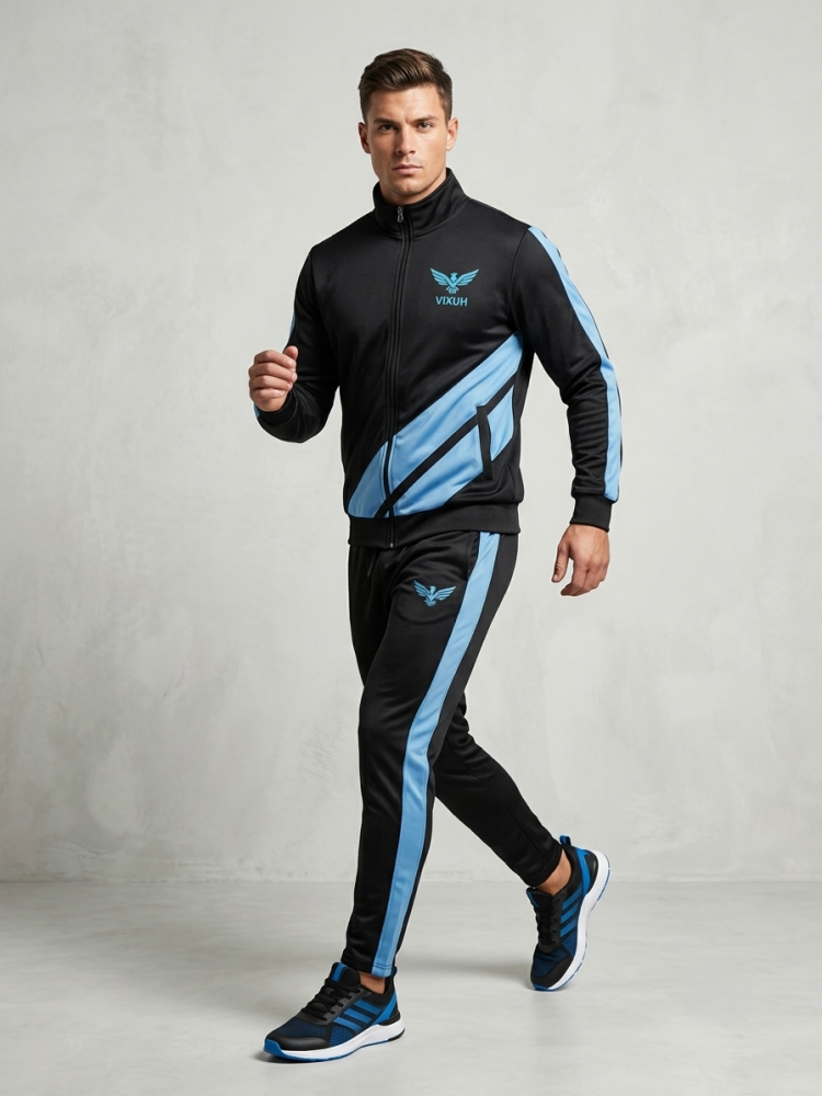 VIXUH Men’s Performance Tracksuit – Black & Light Blue Tech-Mesh Set