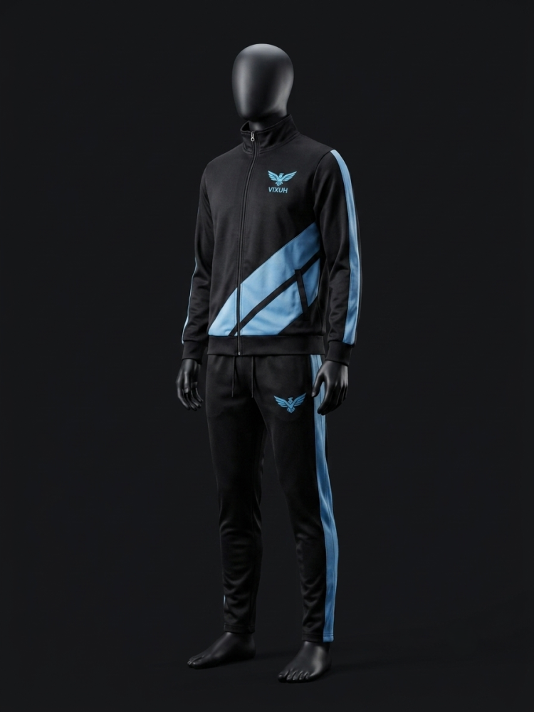VIXUH Men’s Performance Tracksuit – Black & Light Blue Tech-Mesh Set